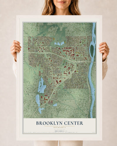 Map of Brooklyn Center, Minnesota, 24 x 36 inch print in a white wood frame