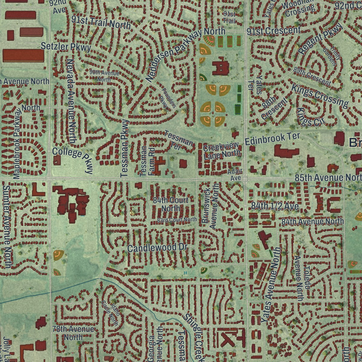 Close-up of the map of Brooklyn Park, Minnesota print showing street and building detail