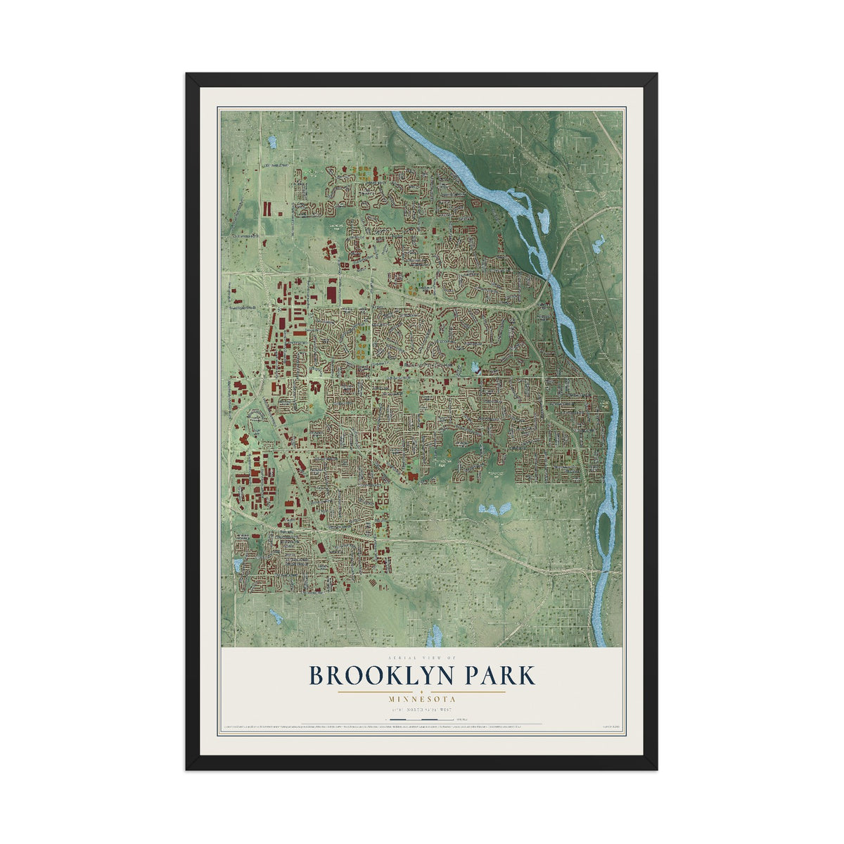 Map of Brooklyn Park, Minnesota, 12 x 18 inch print in a black wood frame