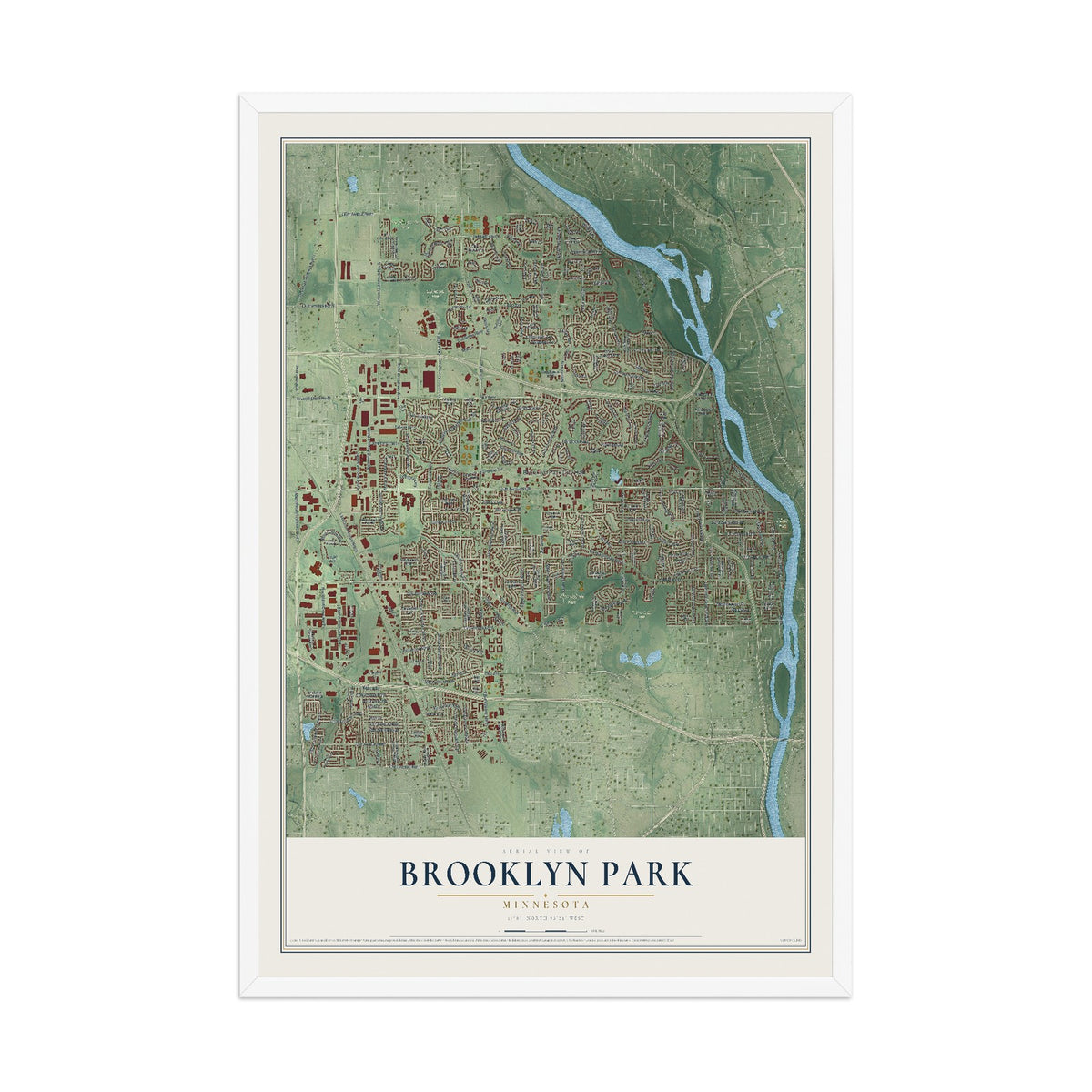 Map of Brooklyn Park, Minnesota, 12 x 18 inch print in a white wood frame