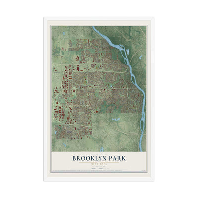 Map of Brooklyn Park, Minnesota, 12 x 18 inch print in a white wood frame