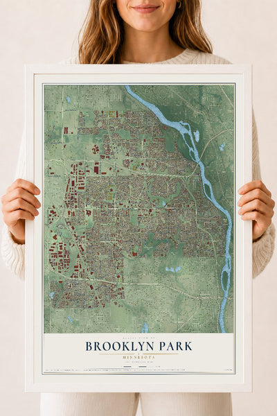 Map of Brooklyn Park, Minnesota, 18 x 24 inch print in a white wood frame