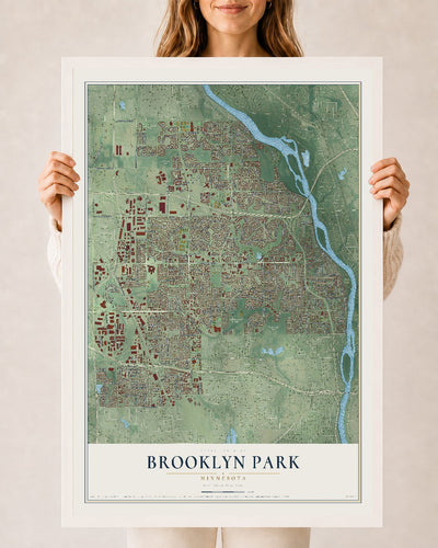 Map of Brooklyn Park, Minnesota, 24 x 36 inch print in a white wood frame