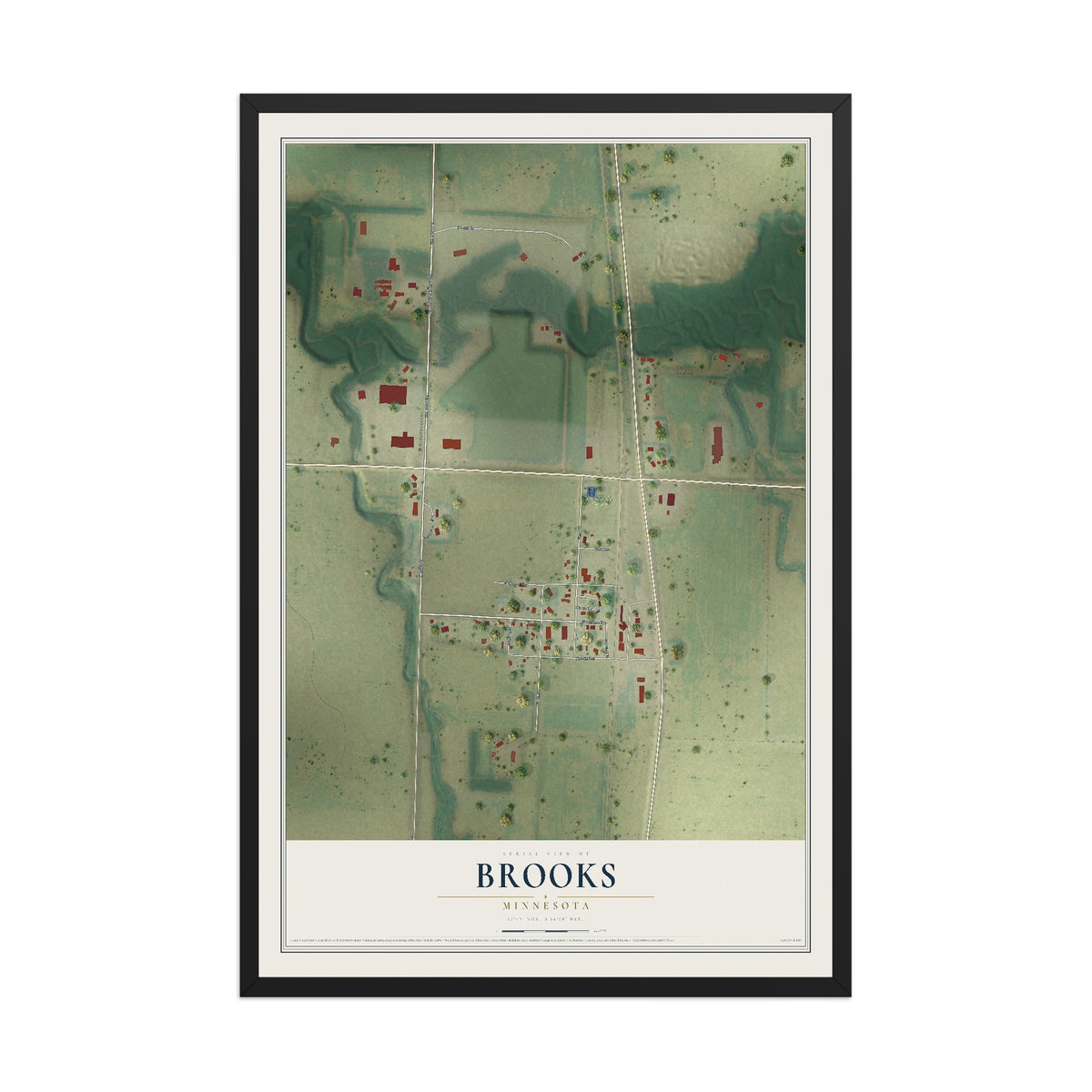 Map of Brooks, Minnesota, 12 x 18 inch print in a black wood frame