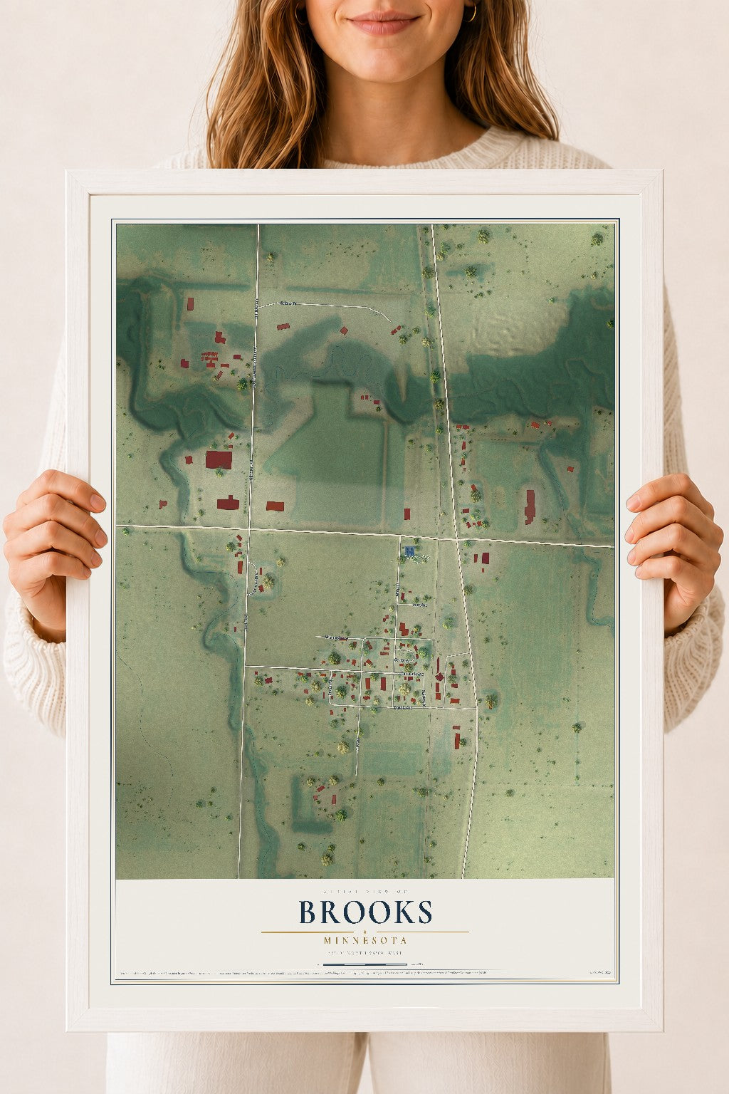Map of Brooks, Minnesota, 18 x 24 inch print in a white wood frame