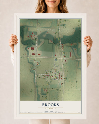 Map of Brooks, Minnesota, 24 x 36 inch print in a white wood frame