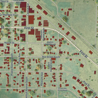 Close-up of the map of Brooten, Minnesota print showing street and building detail