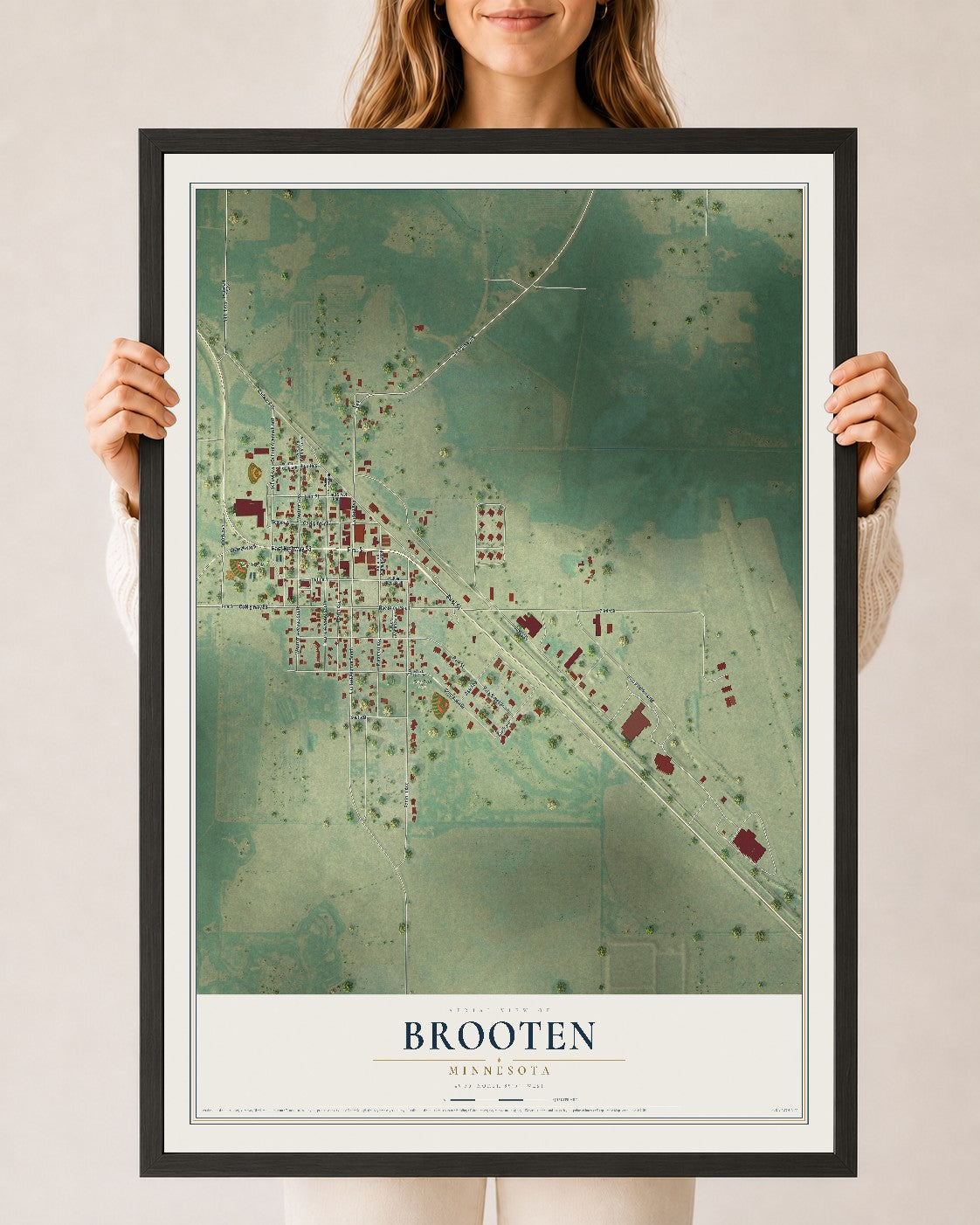 Map of Brooten, Minnesota, 24 x 36 inch print in a black wood frame