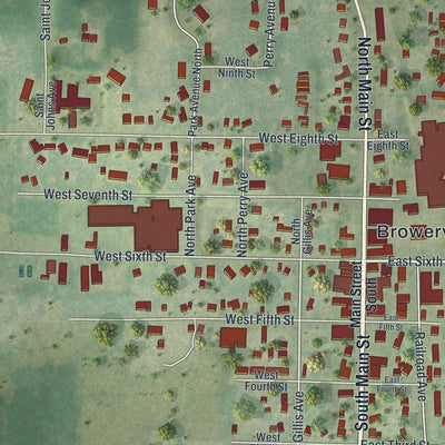 Close-up of the map of Browerville, Minnesota print showing street and building detail
