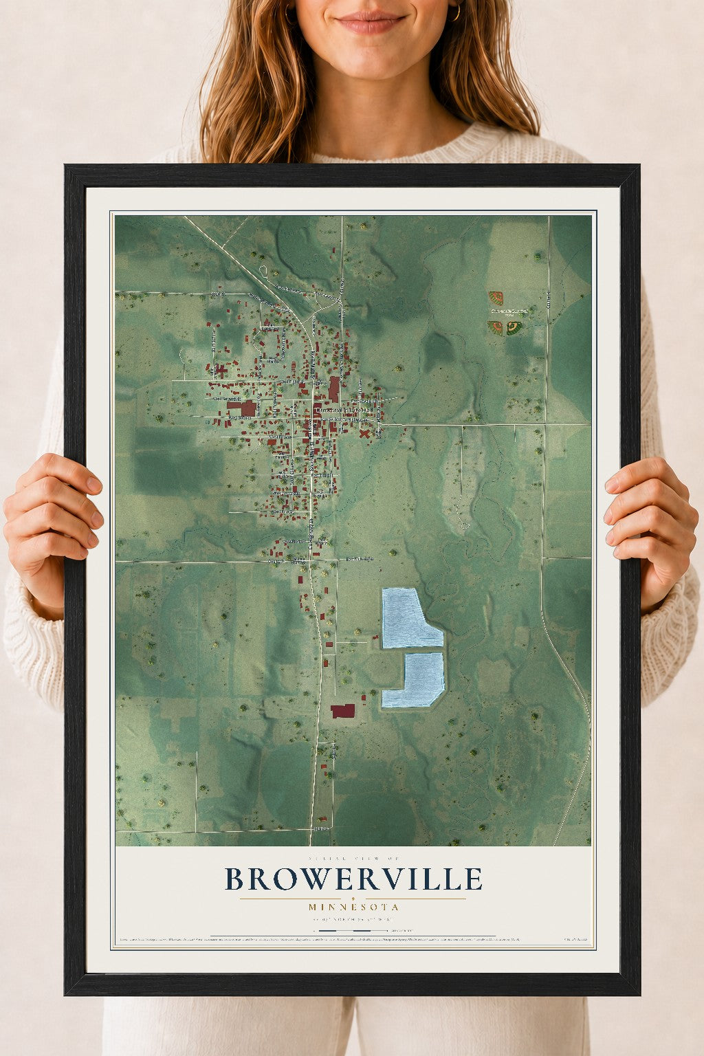 Map of Browerville, Minnesota, 18 x 24 inch print in a black wood frame
