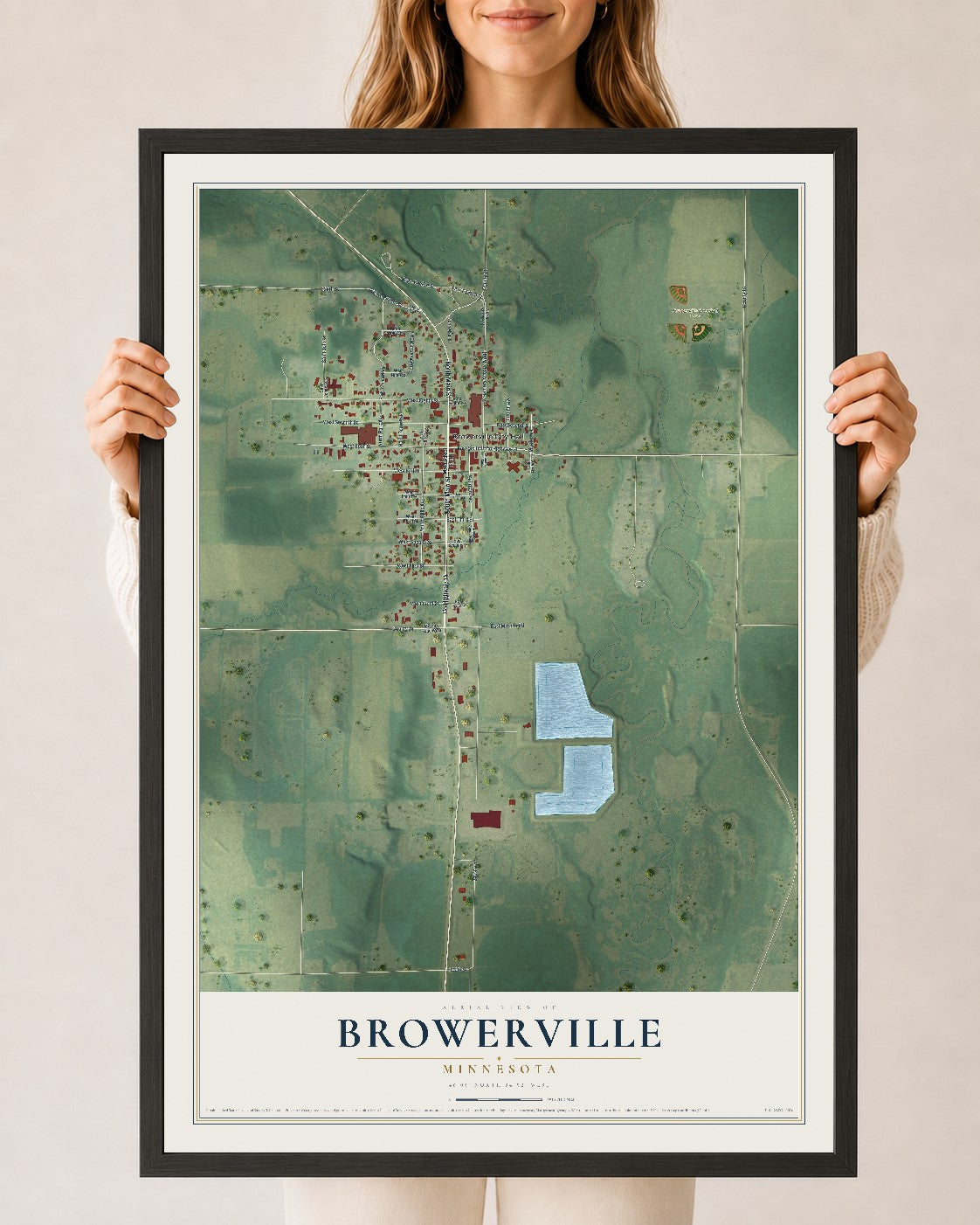 Map of Browerville, Minnesota, 24 x 36 inch print in a black wood frame