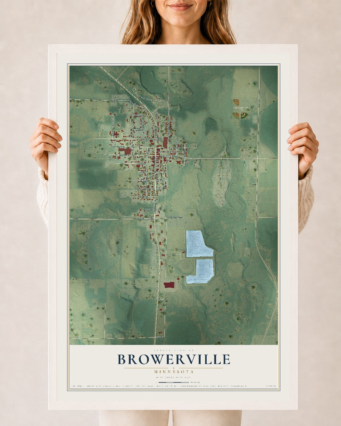 Map of Browerville, Minnesota, 24 x 36 inch print in a white wood frame