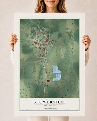 Map of Browerville, Minnesota, 24 x 36 inch print in a white wood frame