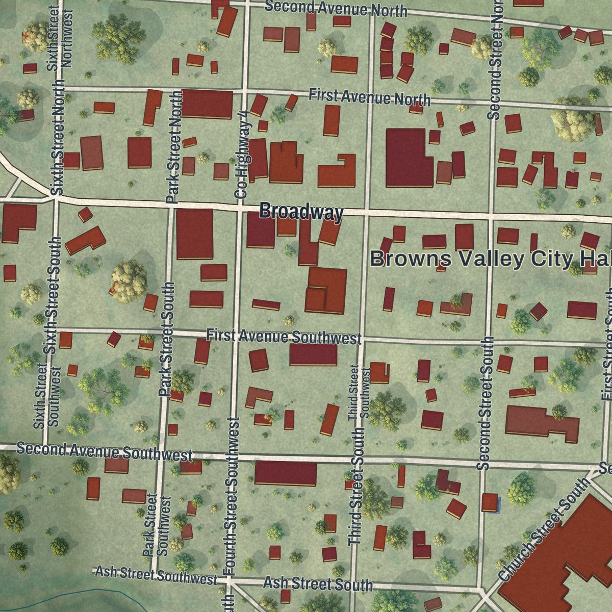 Close-up of the map of Browns Valley, Minnesota print showing street and building detail