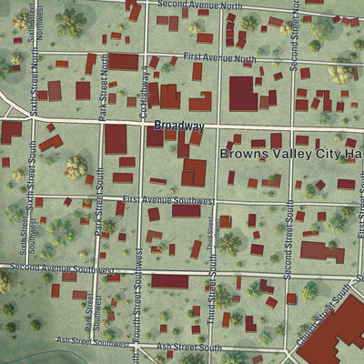 Close-up of the map of Browns Valley, Minnesota print showing street and building detail