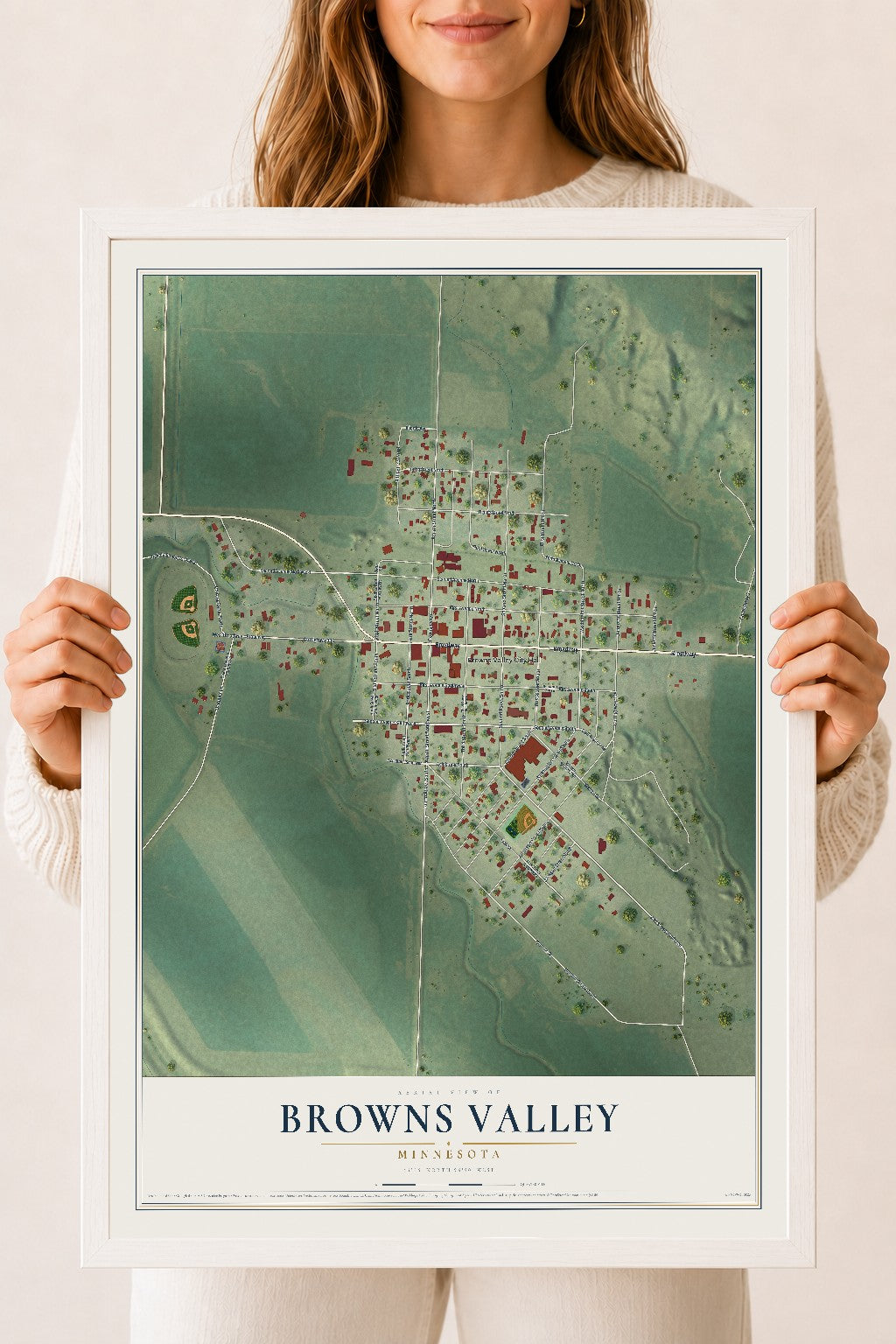 Map of Browns Valley, Minnesota, 18 x 24 inch print in a white wood frame