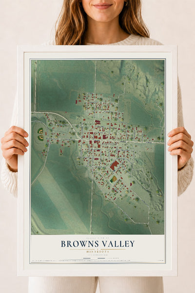 Map of Browns Valley, Minnesota, 18 x 24 inch print in a white wood frame
