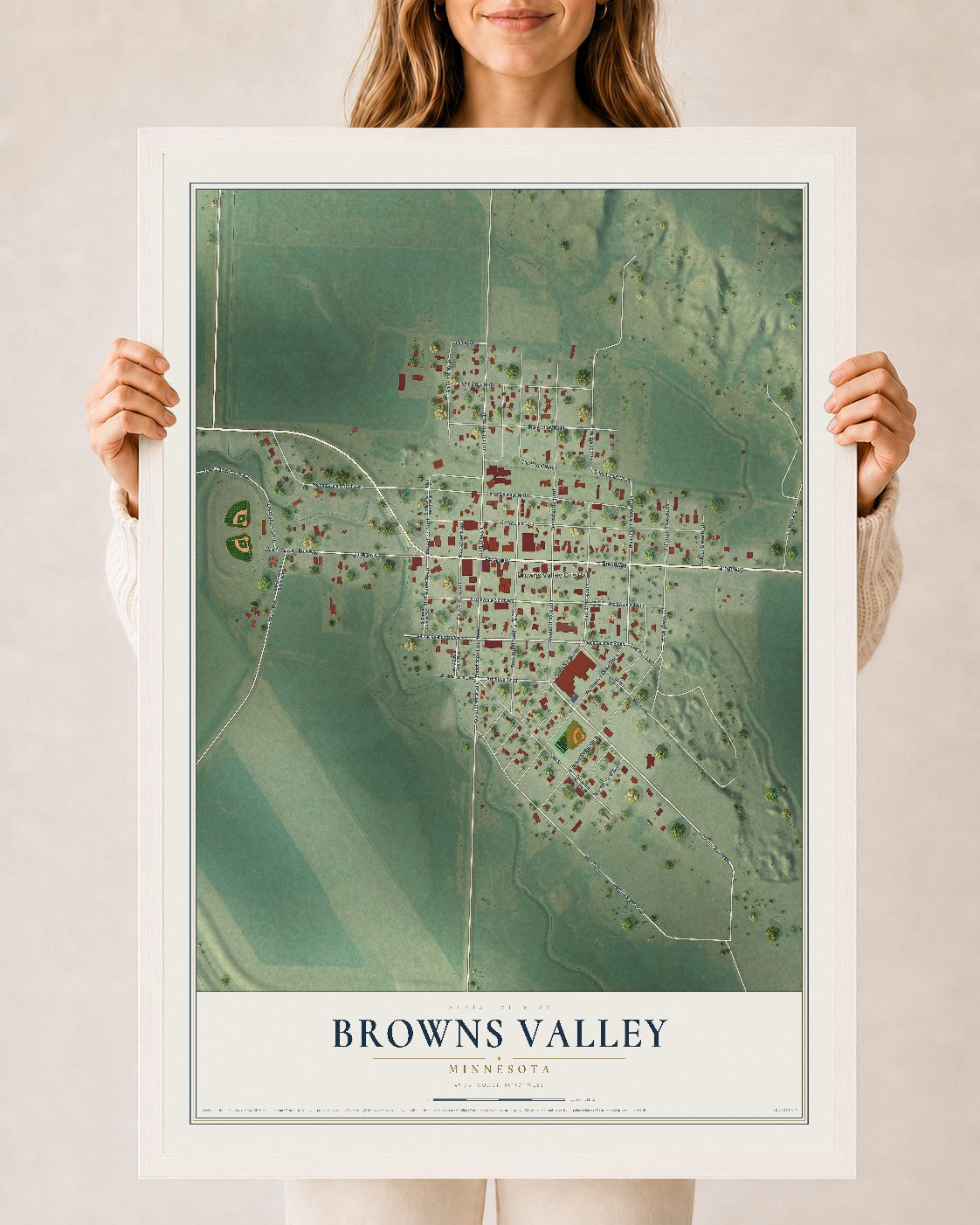 Map of Browns Valley, Minnesota, 24 x 36 inch print in a white wood frame