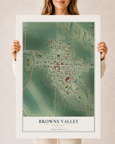 Map of Browns Valley, Minnesota, 24 x 36 inch print in a white wood frame