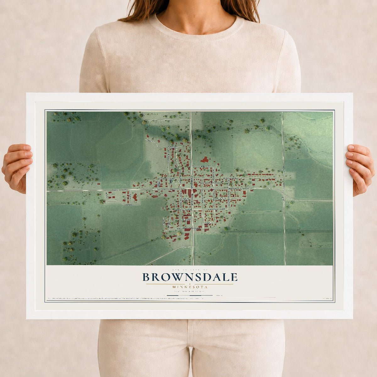 Map of Brownsdale, Minnesota, 12 x 18 inch print in a white wood frame