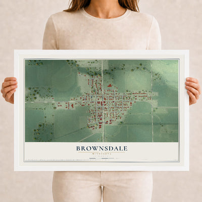 Map of Brownsdale, Minnesota, 12 x 18 inch print in a white wood frame