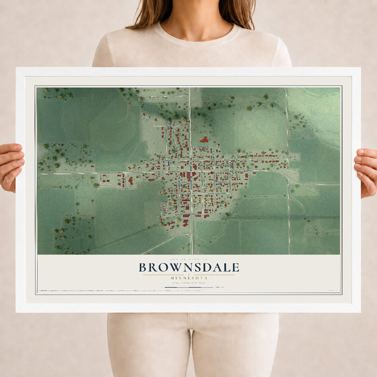 Map of Brownsdale, Minnesota, 18 x 24 inch print in a white wood frame