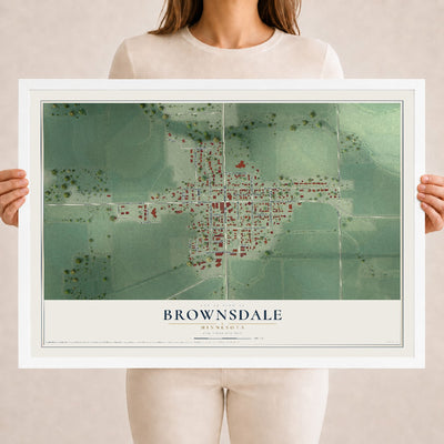 Map of Brownsdale, Minnesota, 18 x 24 inch print in a white wood frame
