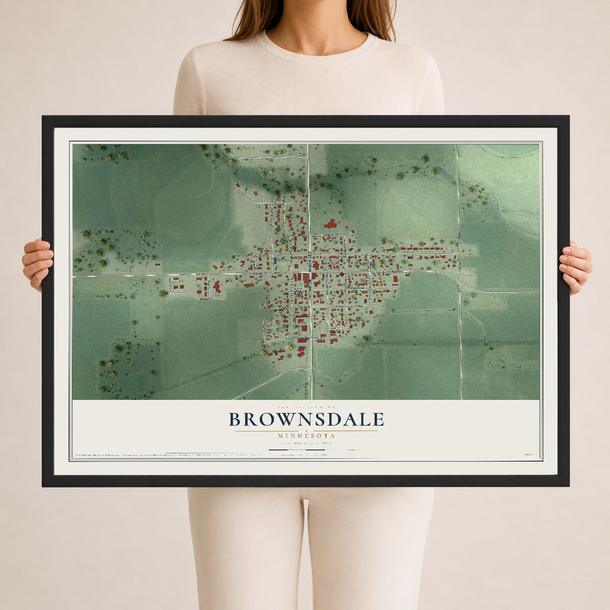 Map of Brownsdale, Minnesota, 24 x 36 inch print in a black wood frame
