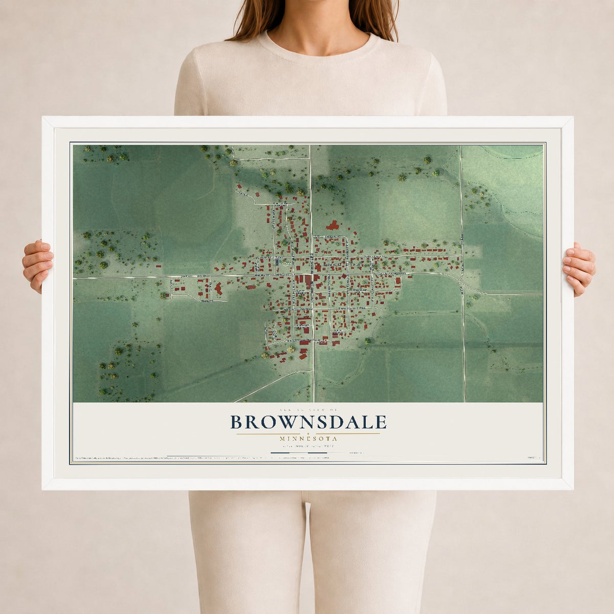 Map of Brownsdale, Minnesota, 24 x 36 inch print in a white wood frame