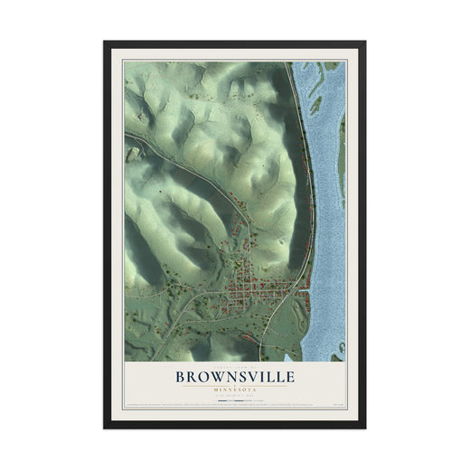 Map of Brownsville, Minnesota, 12 x 18 inch print in a black wood frame