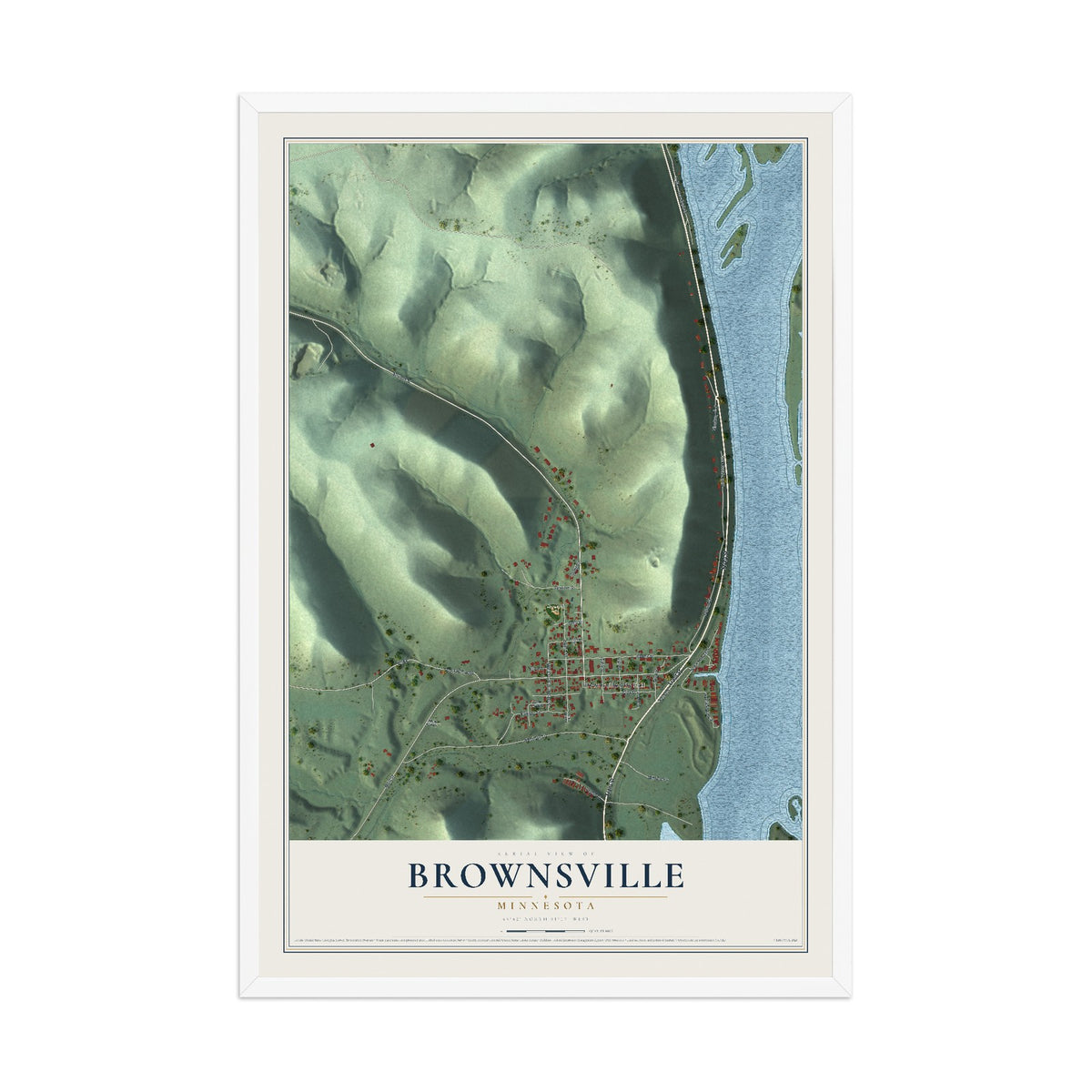 Map of Brownsville, Minnesota, 12 x 18 inch print in a white wood frame