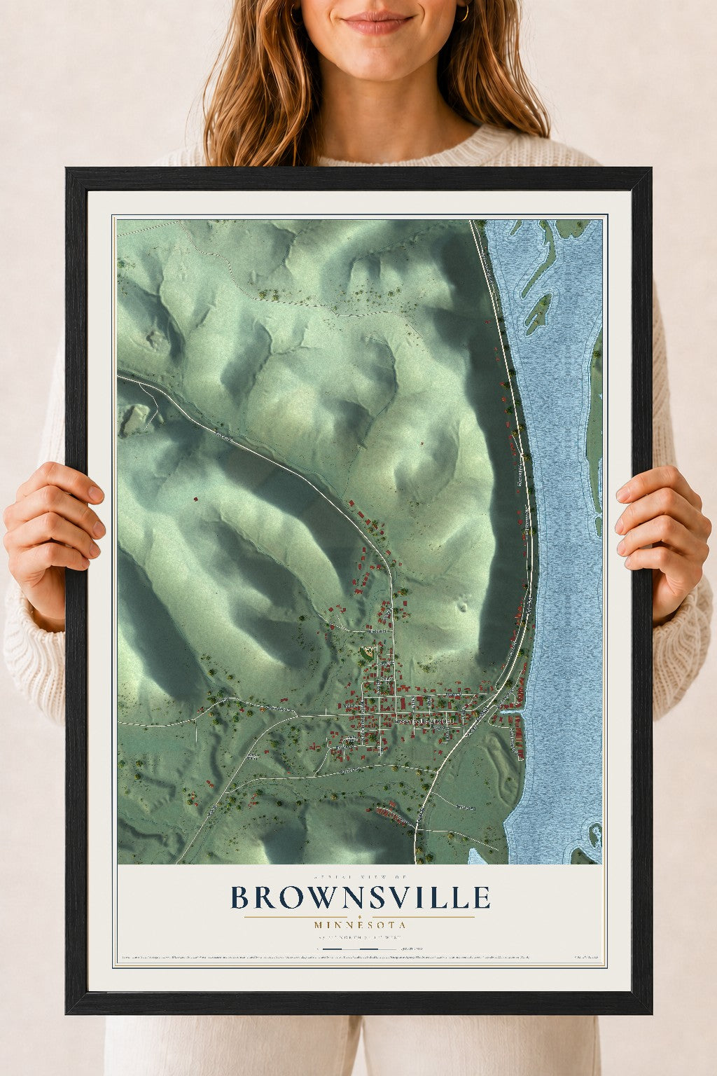 Map of Brownsville, Minnesota, 18 x 24 inch print in a black wood frame