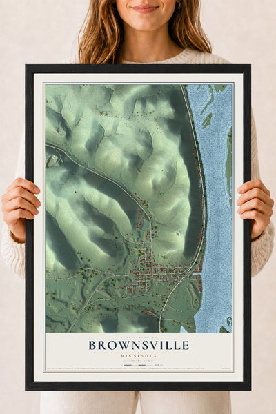 Map of Brownsville, Minnesota, 18 x 24 inch print in a black wood frame