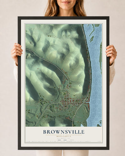 Map of Brownsville, Minnesota, 24 x 36 inch print in a black wood frame