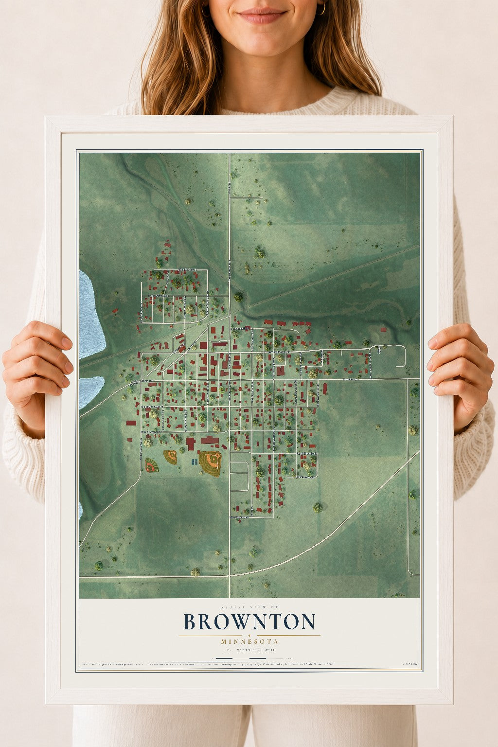 Map of Brownton, Minnesota, 18 x 24 inch print in a white wood frame