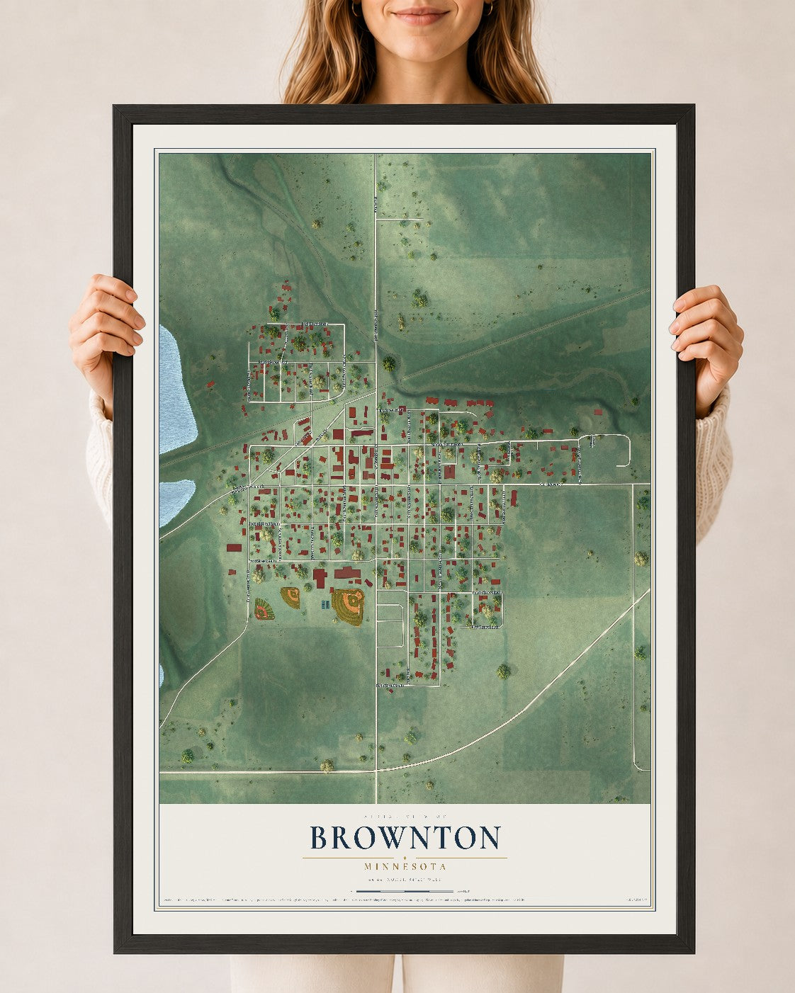 Map of Brownton, Minnesota, 24 x 36 inch print in a black wood frame