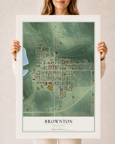 Map of Brownton, Minnesota, 24 x 36 inch print in a white wood frame
