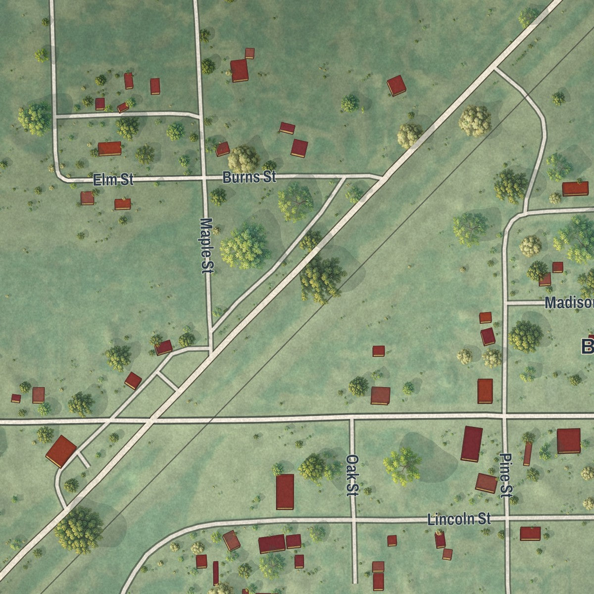 Close-up of the map of Bruno, Minnesota print showing street and building detail