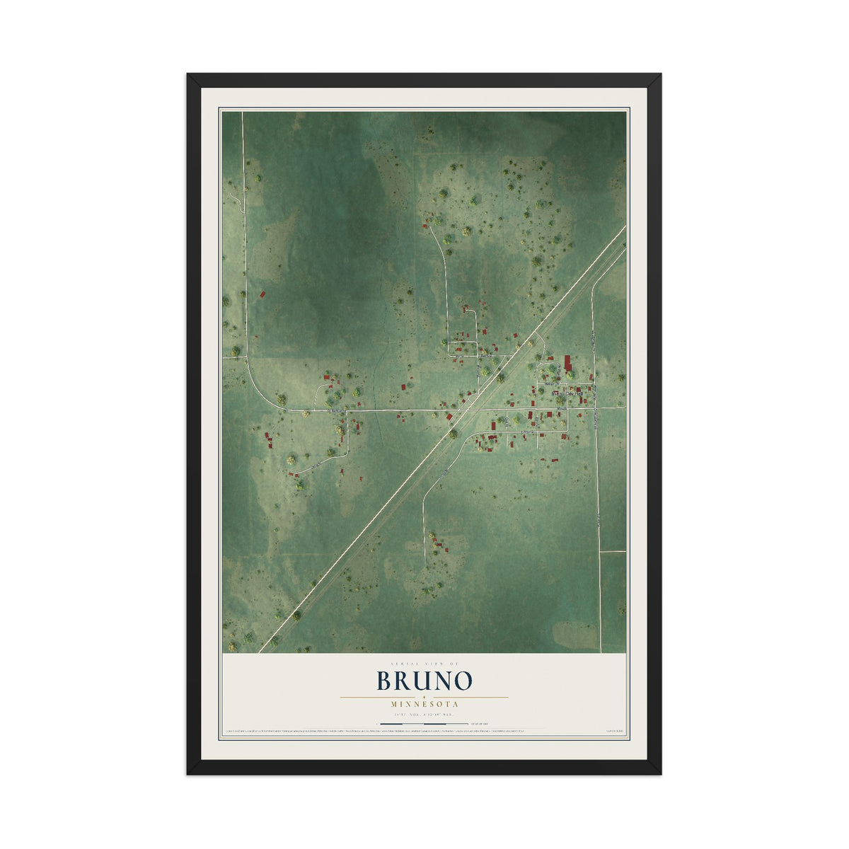 Map of Bruno, Minnesota, 12 x 18 inch print in a black wood frame