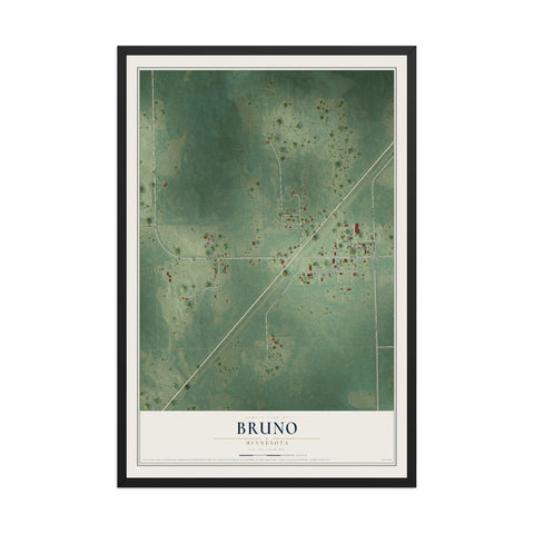 Map of Bruno, Minnesota, 12 x 18 inch print in a black wood frame