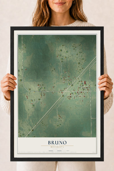 Map of Bruno, Minnesota, 18 x 24 inch print in a black wood frame