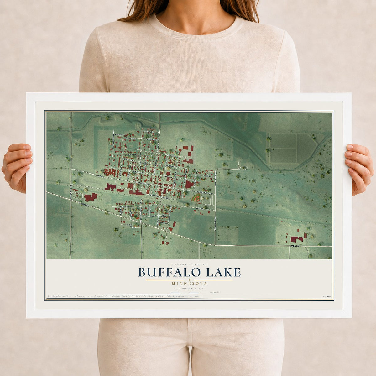 Map of Buffalo Lake, Minnesota, 12 x 18 inch print in a white wood frame