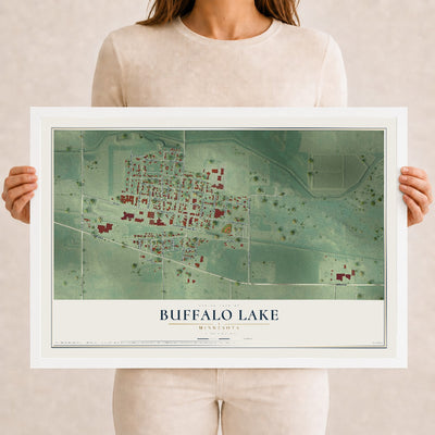 Map of Buffalo Lake, Minnesota, 12 x 18 inch print in a white wood frame