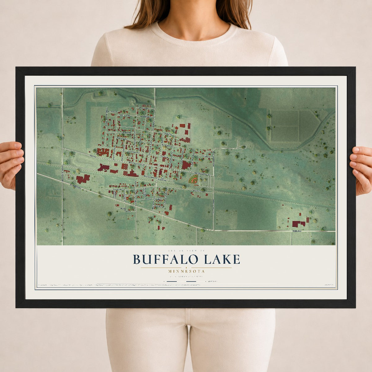 Map of Buffalo Lake, Minnesota, 18 x 24 inch print in a black wood frame