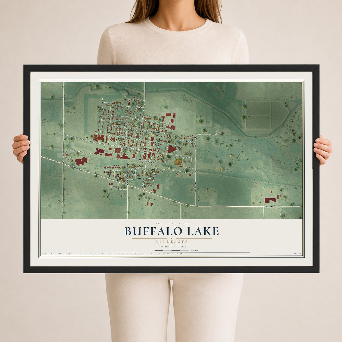 Map of Buffalo Lake, Minnesota, 24 x 36 inch print in a black wood frame