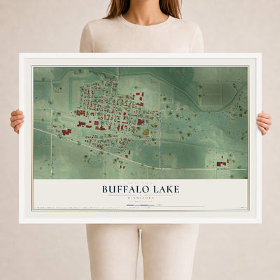 Map of Buffalo Lake, Minnesota, 24 x 36 inch print in a white wood frame