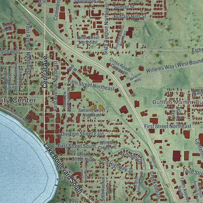 Close-up of the map of Buffalo, Minnesota print showing street and building detail