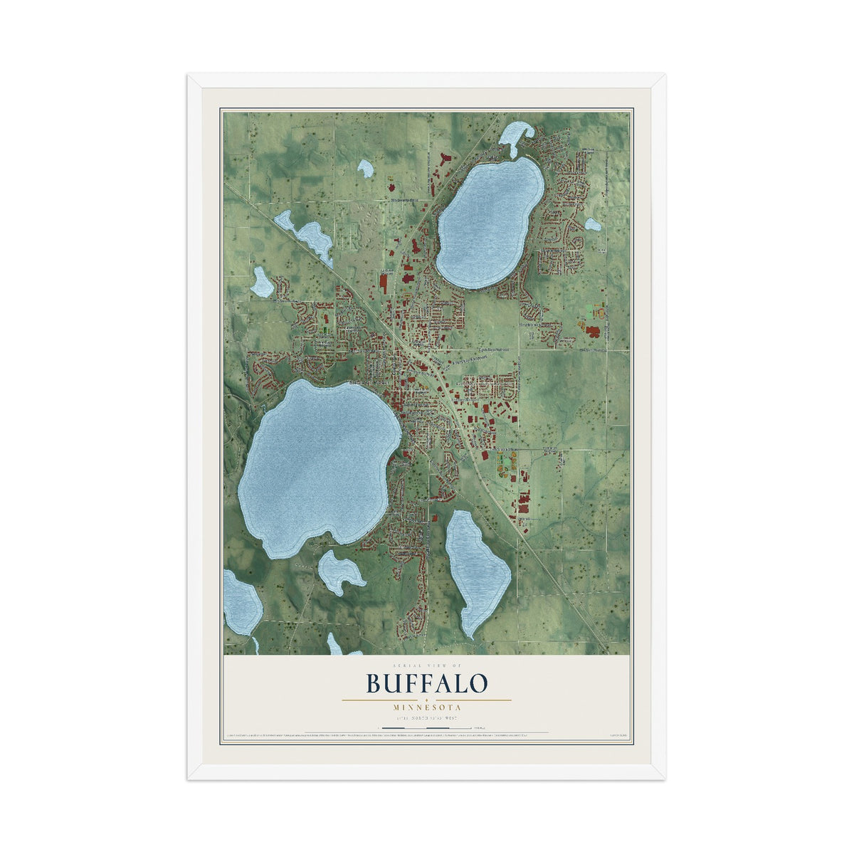 Map of Buffalo, Minnesota, 12 x 18 inch print in a white wood frame