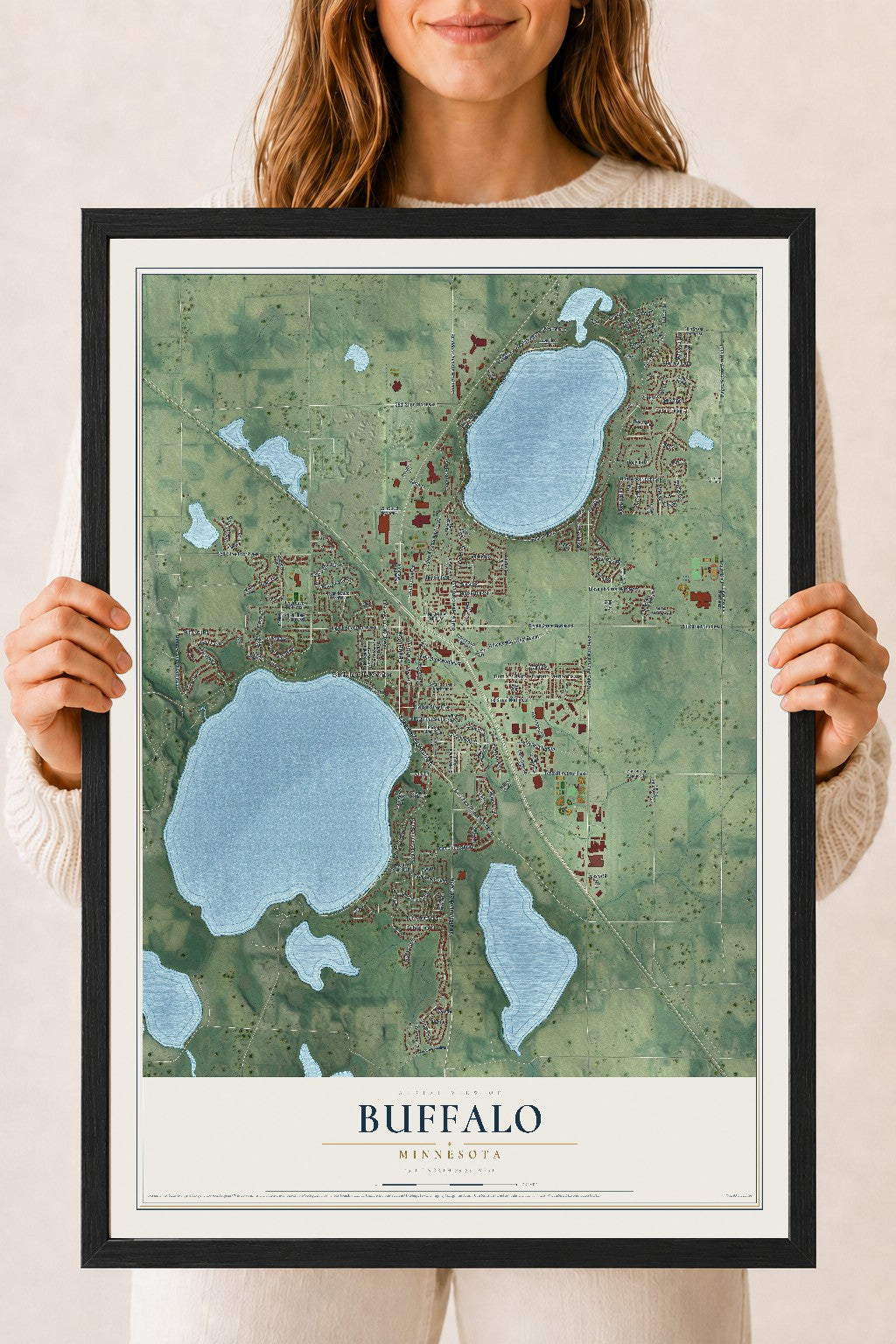 Map of Buffalo, Minnesota, 18 x 24 inch print in a black wood frame