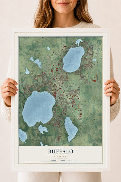 Map of Buffalo, Minnesota, 18 x 24 inch print in a white wood frame